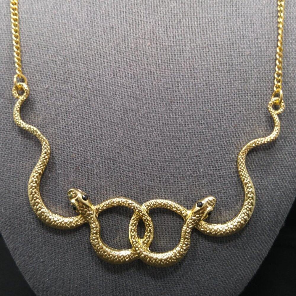 Snakes Intertwined Necklace, Black Rhinestone Eyes, Textured Gold Tone, 22"